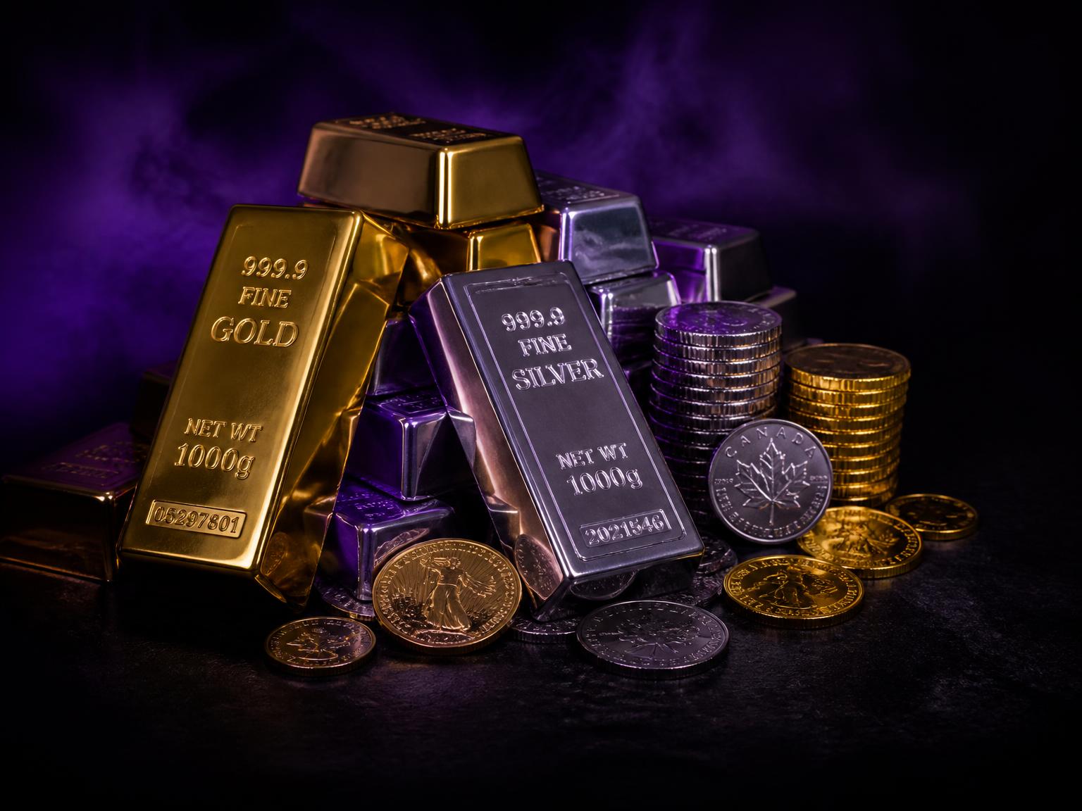 Lingotes de oro y plata iluminados con luz morada