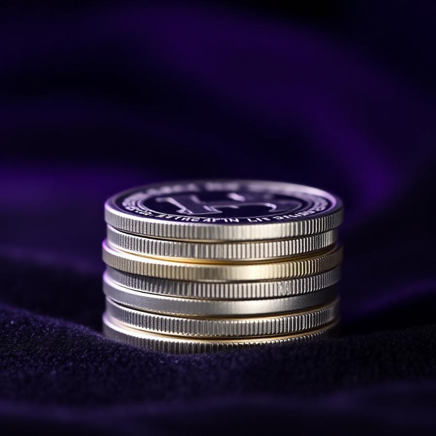 Monedas de plata apiladas con luz morada